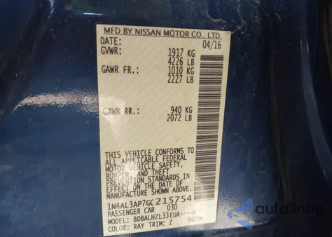 2016 Nissan Altima 2.5 Sr from USA, damaged, VIN 1N4AL3AP7GC215754